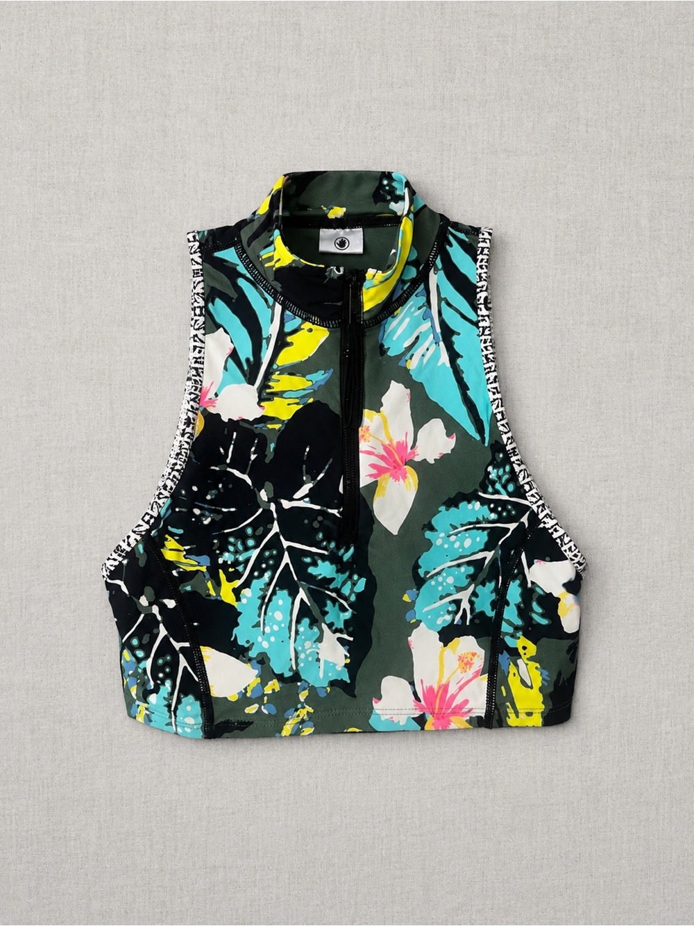 Body Glove Black Floral High-Neck Crop Tank with Teal and Yellow Accents